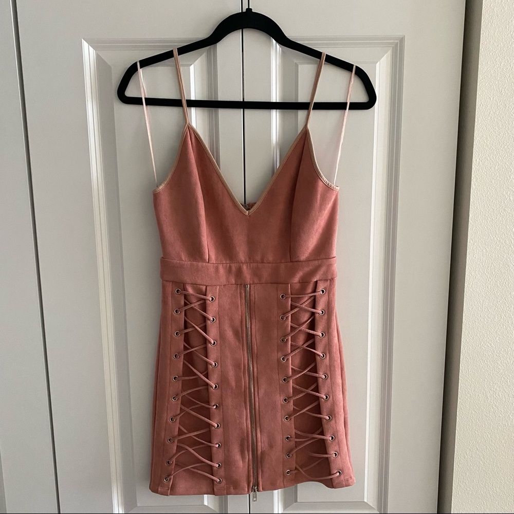 SEEK The Label LF Suede Lace Up Mini Dress, Pink